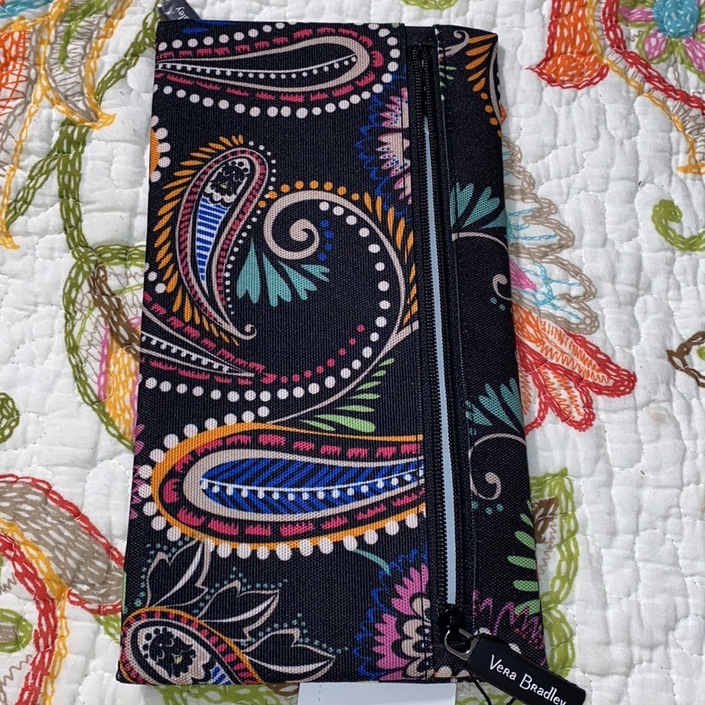 Vera Bradley Pencil Pouch Bandana Swirl black orange pink white green paisley - Picture 2 of 5
